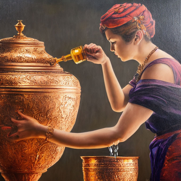 Woman in purple pouring liquid into ornate jar with bowl below