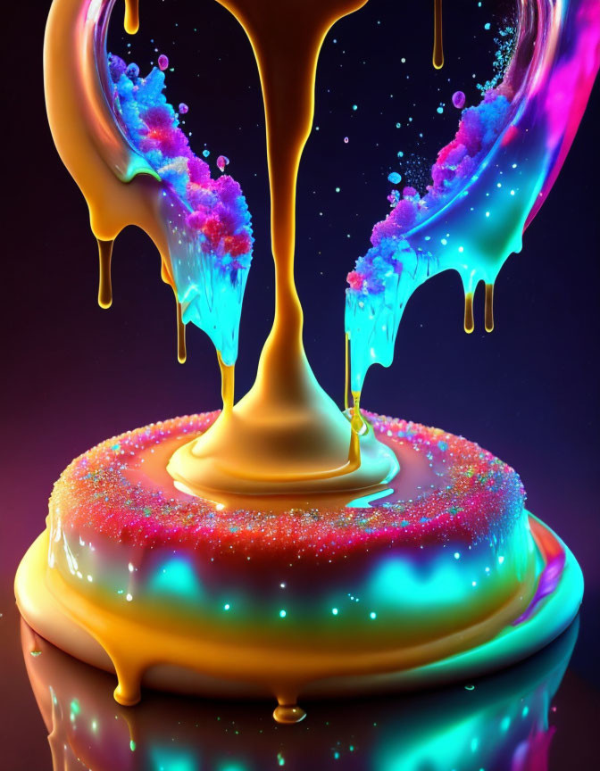 Vibrant liquid streams on jelly-like object in dark setting