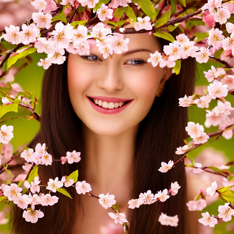 Smiling woman with brown hair among pink cherry blossoms on green background