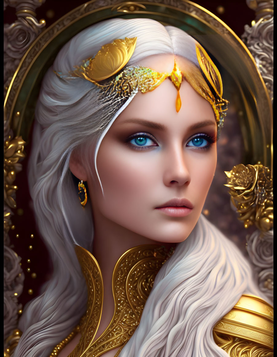 Fantasy portrait: Woman with white hair, blue eyes, golden headwear, ornate backdrop