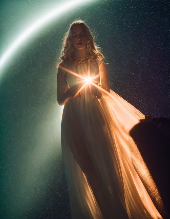 Woman in flowing dress holding radiant light with cosmic background