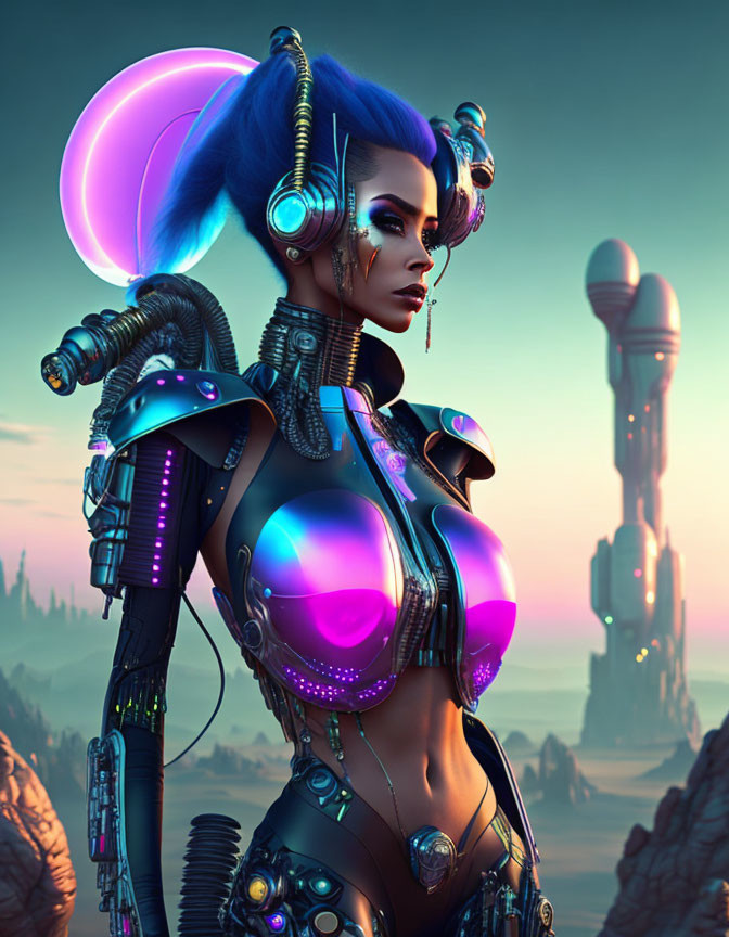 Futuristic female cyborg with blue hair in glowing purple armor on sci-fi backdrop