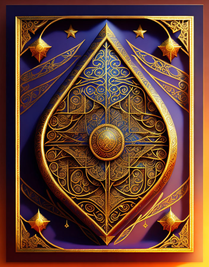 Intricate golden emblem on deep blue background with luxurious border