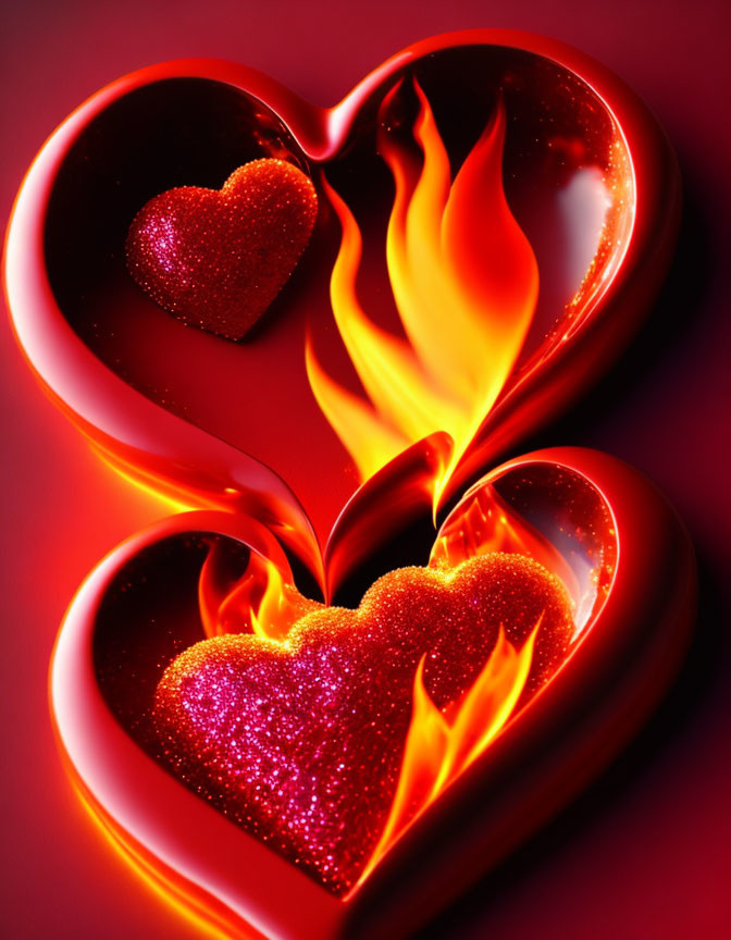 Red Heart-Shaped Object with Glittering Heart and Flames on Red Background