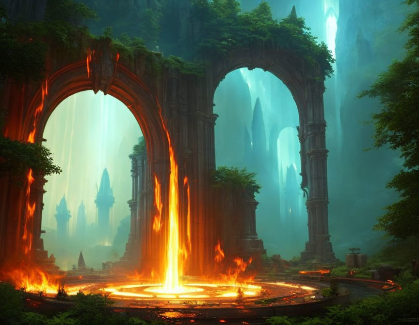 Enchanted forest with mystical arch gateway and glowing runes