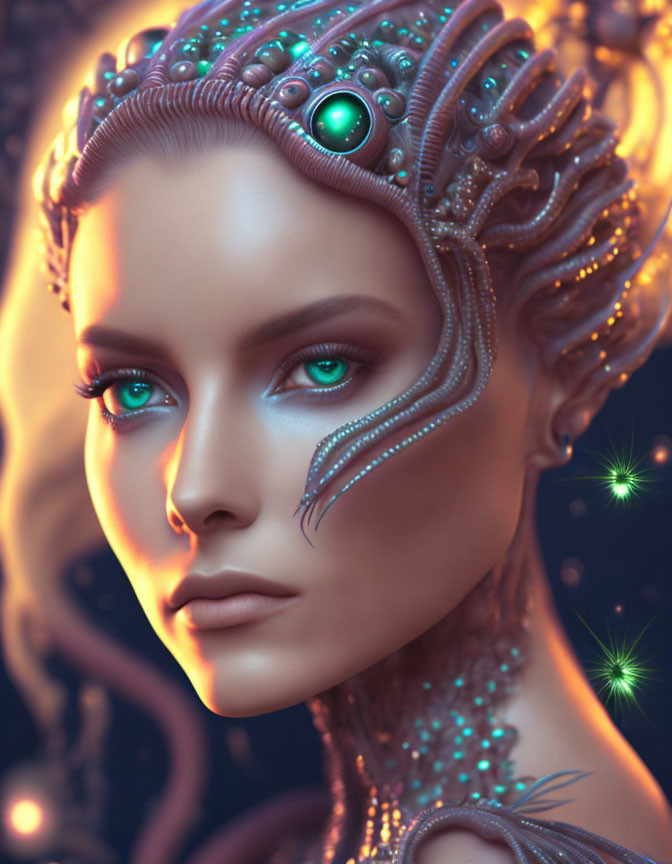 Fantastical portrait of woman with embellished skin and turquoise eyes