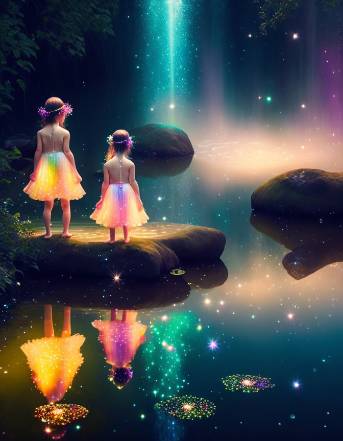 Children in glowing dresses overlooking magical starlit pond