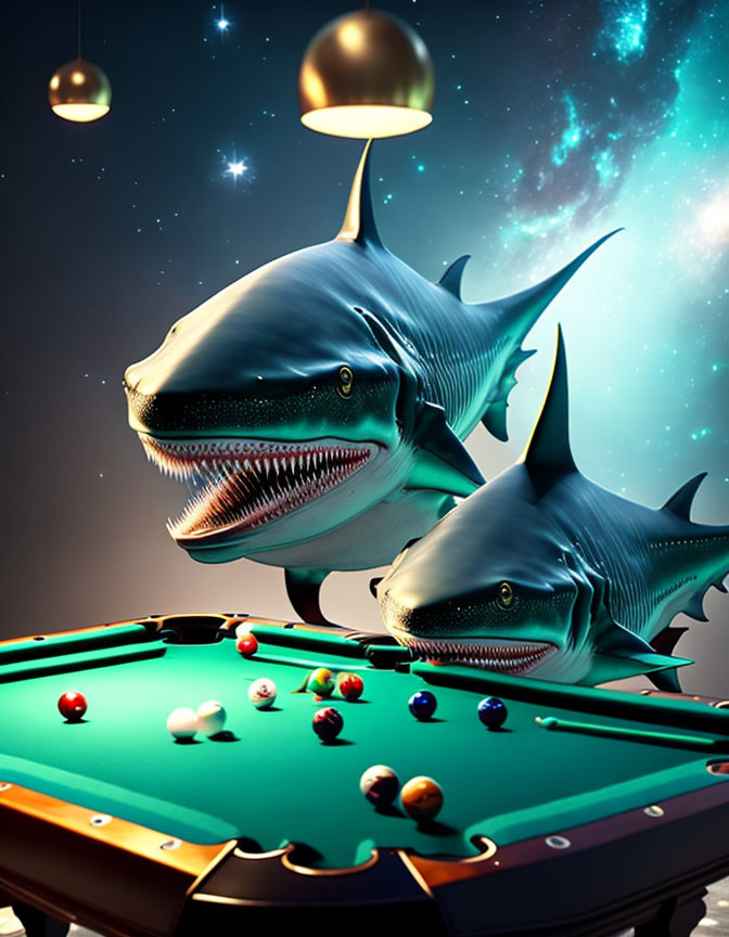 Stylized sharks playing pool under celestial lighting