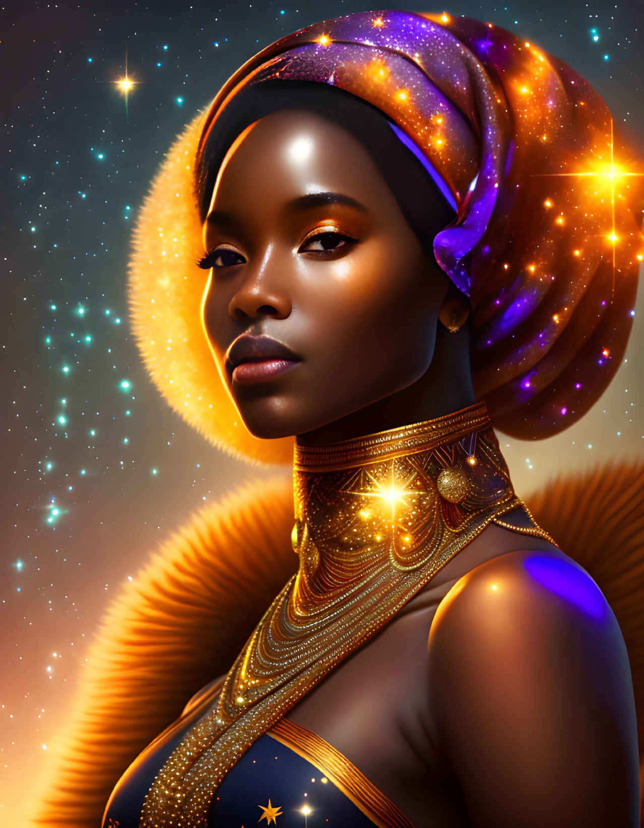 Vibrant headscarf woman portrait with cosmic background