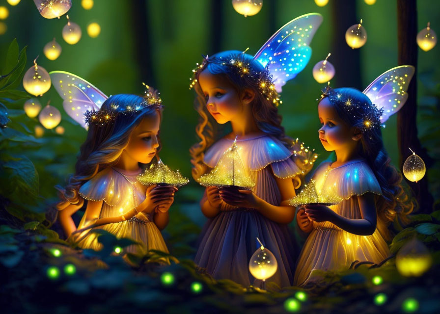 Three glowing fairies with magical lights in twilight forest