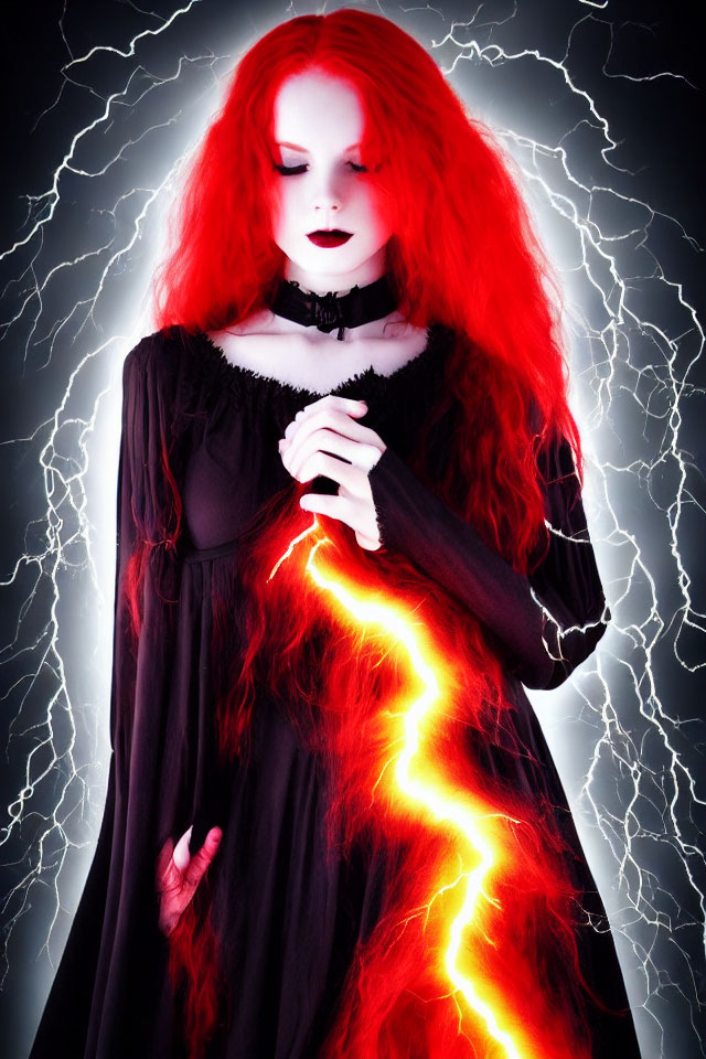 Bright red hair and pale skin in gothic attire against lightning bolt background.