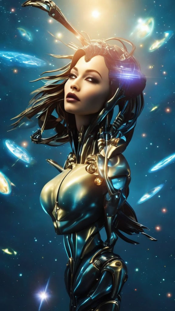 Futuristic female figure with cybernetic enhancements and glowing eye in starry setting