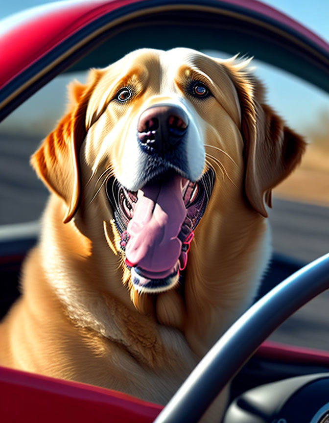 Golden retriever happily sits in convertible driver's seat with tongue out