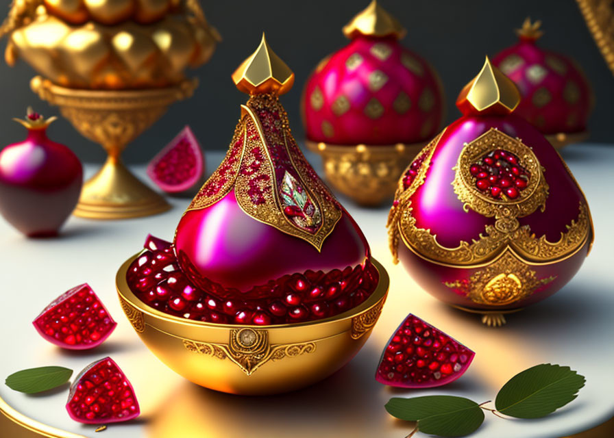 Exquisite Fabergé eggs with jewel inlays and pomegranate slices on reflective surface