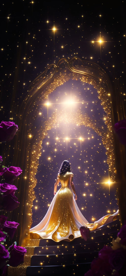 Golden Gown Woman in Magical Archway with Purple Roses and Stars