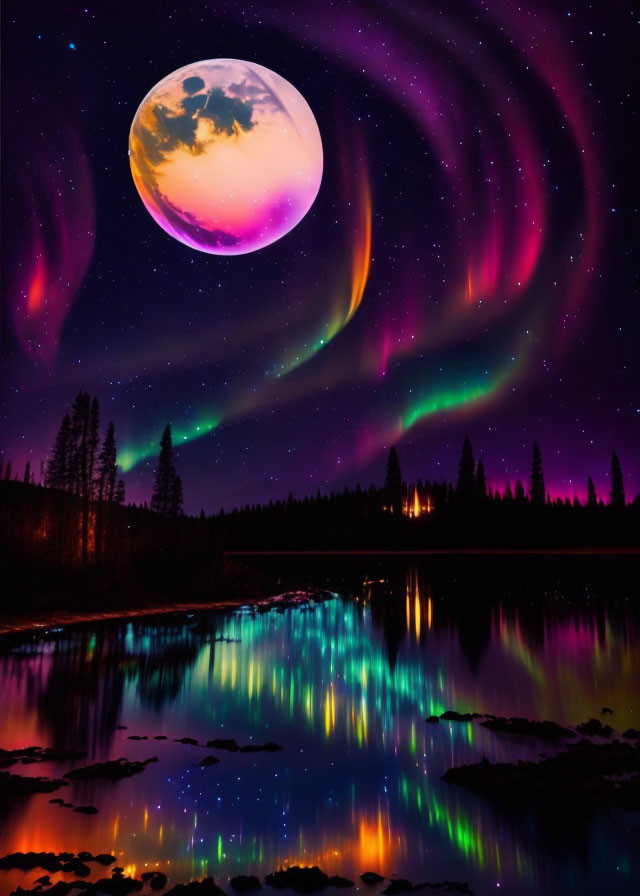 Majestic aurora borealis over reflective lake with surreal moon