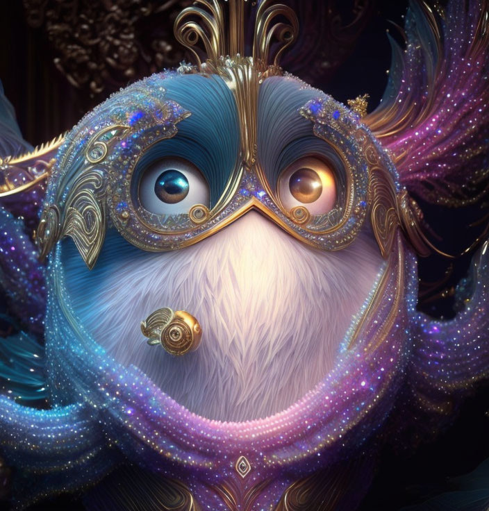 Fluffy creature with expressive eyes and golden-blue ornaments surrounded by starry glow