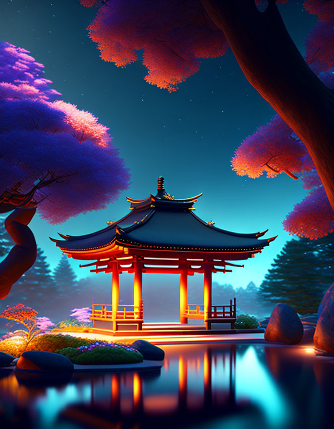 Traditional Asian Pagoda by Calm Lake with Cherry Blossoms at Night