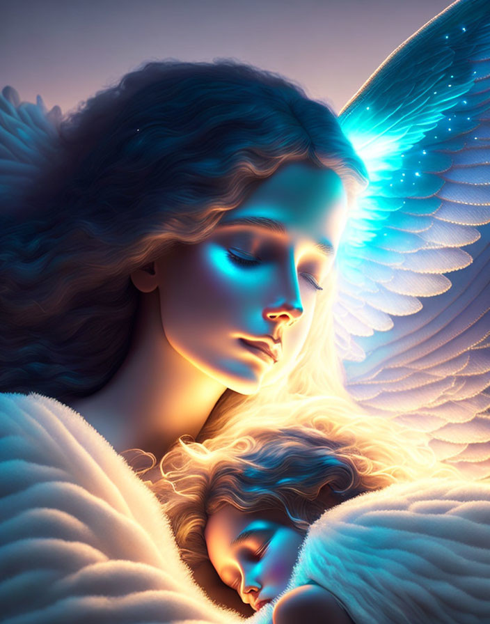 Ethereal illustration: Glowing angels embrace in heavenly light