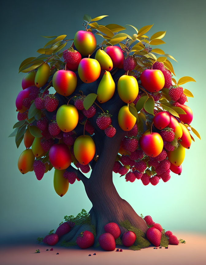 Colorful Fruit Tree Illustration on Dreamy Gradient Background