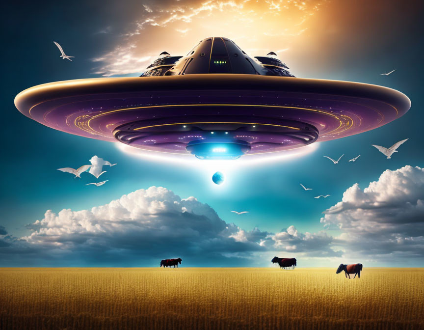 Majestic UFO over golden field with mountains and dramatic sky