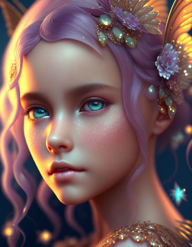 Fantasy character with blue eyes, purple hair, and celestial background