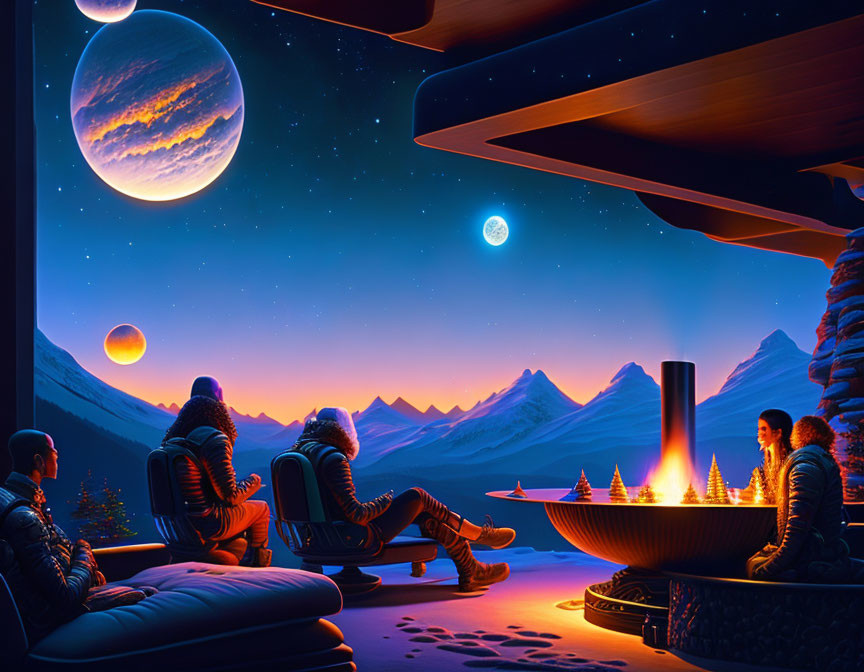 Futuristic individuals under open structure admire night sky with moons and planets above snowy mountains