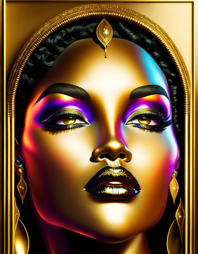 Stylized digital artwork of a woman with golden and purple makeup