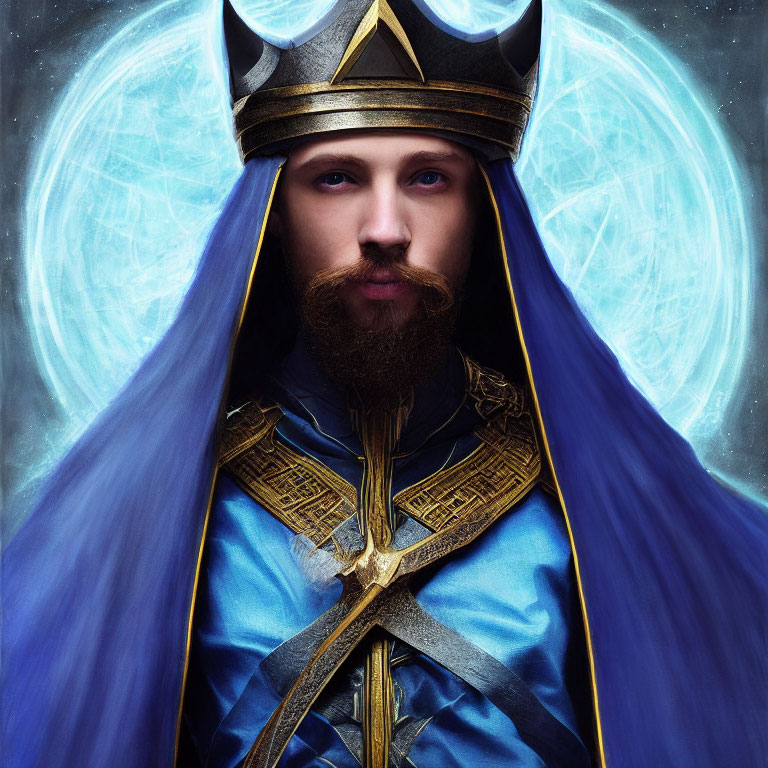 Bearded man in golden crown and blue robes with magical orb.