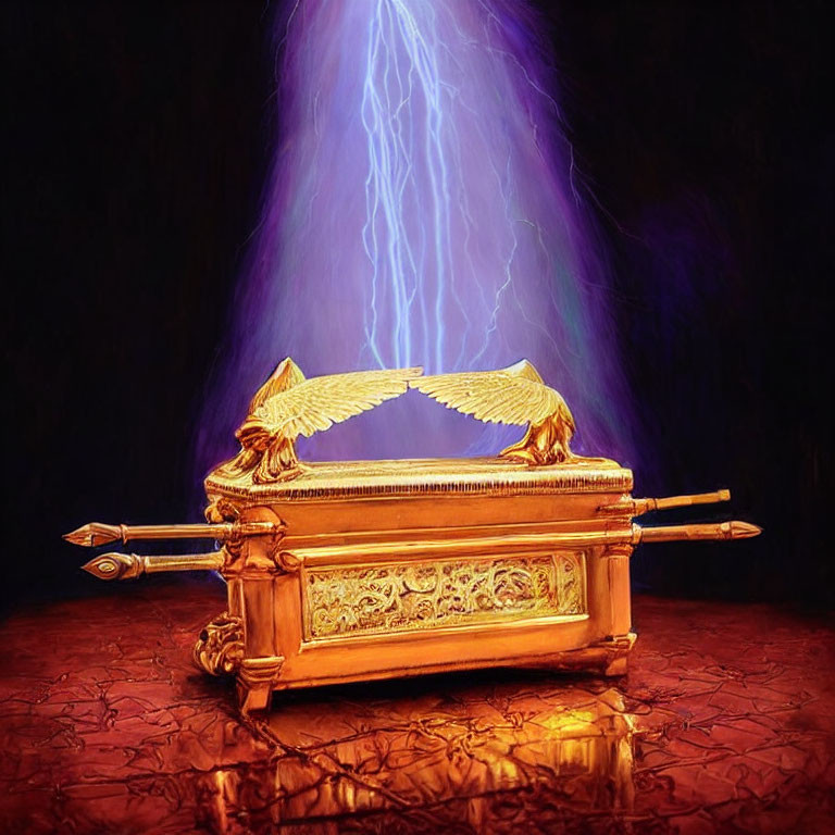 Golden ornate chest with winged embellishments and lightning bolt on dark backdrop