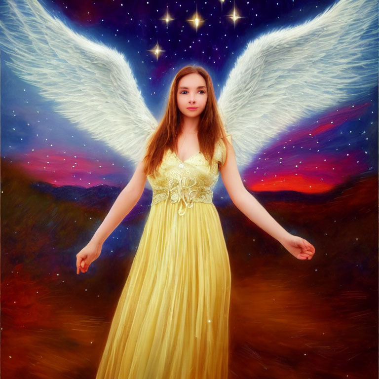 Person with Angel Wings in Yellow Dress Against Starry Sky and Colorful Sunset