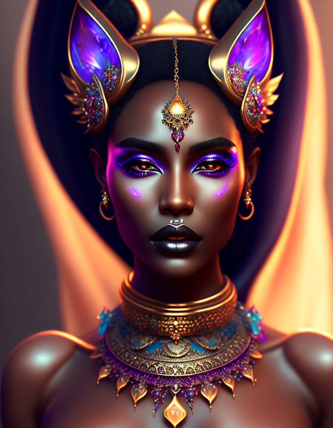 Digital artwork featuring woman with dark skin, golden cat-like ears, violet eyes, and elaborate golden jewelry