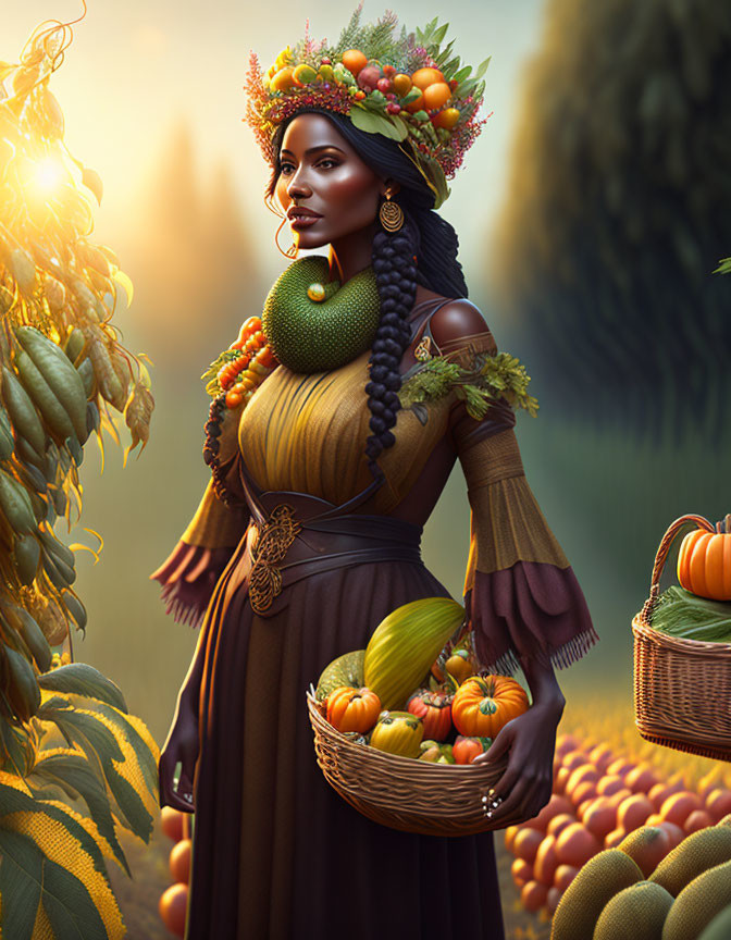 Woman with Fruit and Vegetable Adornments in Harvest Setting