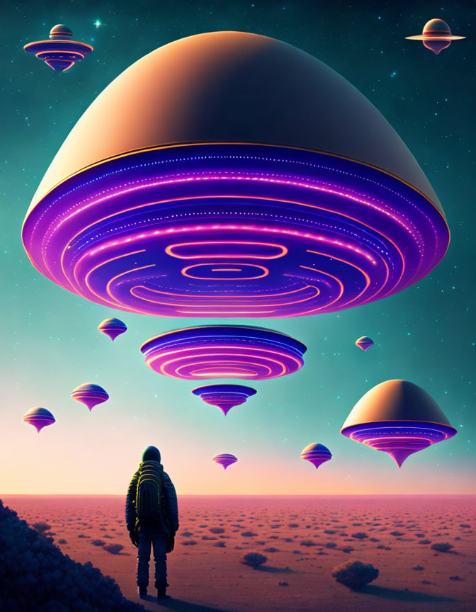 Person in Jacket Contemplates Colorful Planets and Flying Saucers