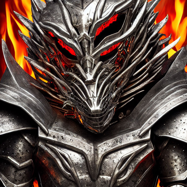 Detailed metallic armor with intricate designs against fiery background