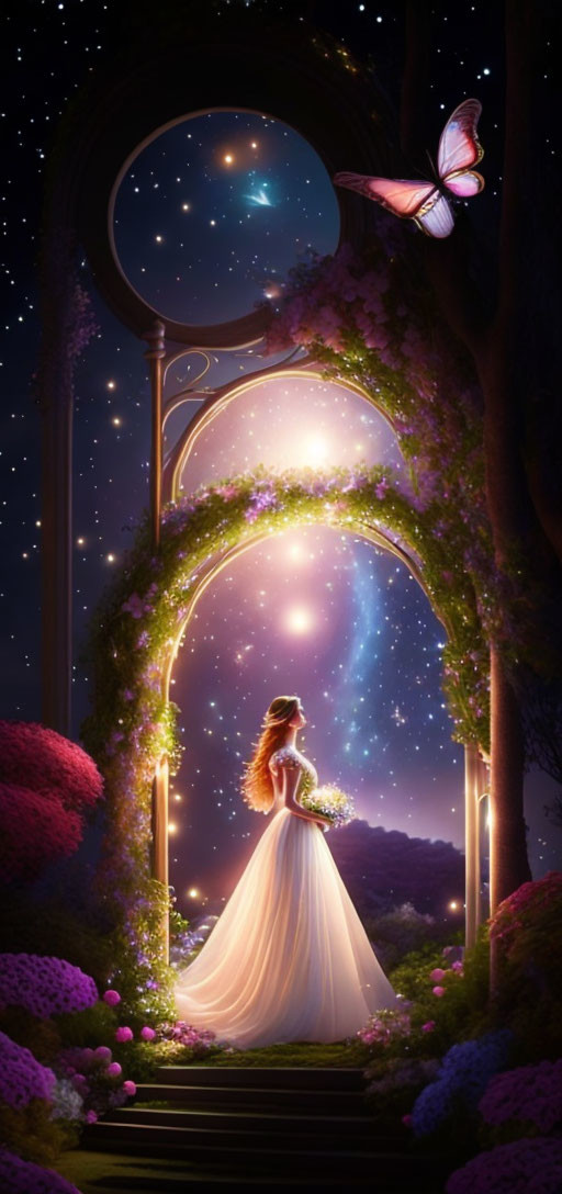 Woman in white dress under star-filled archway in magical garden with butterfly and lush flowers.