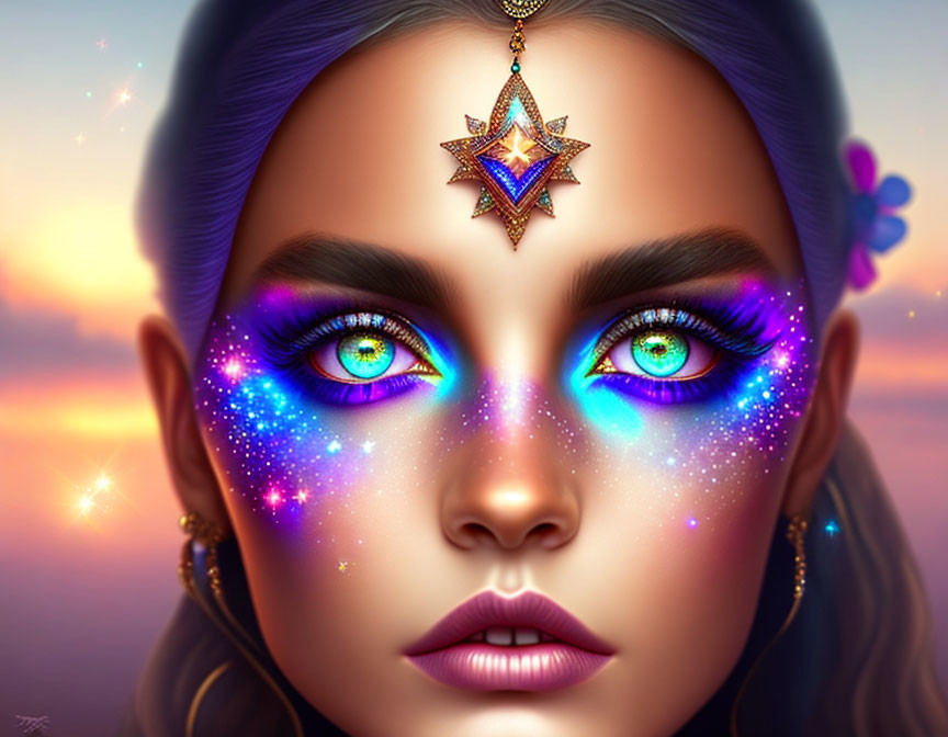 Illustration: Woman with Cosmic Makeup and Galaxy Eyes