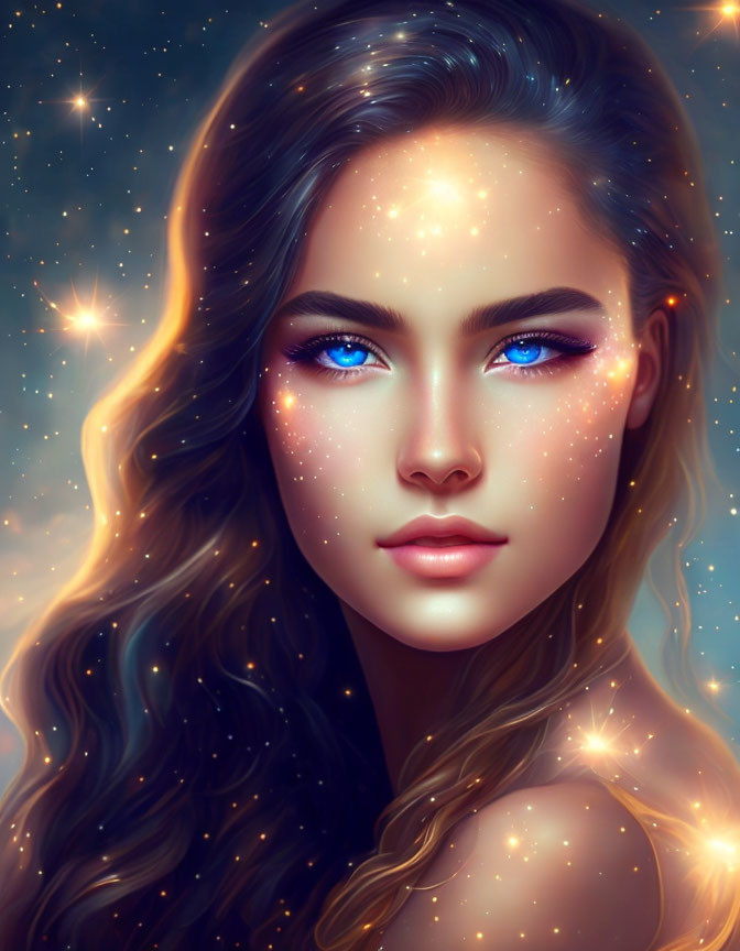 Vibrant blue-eyed woman with starry freckles in digital art.