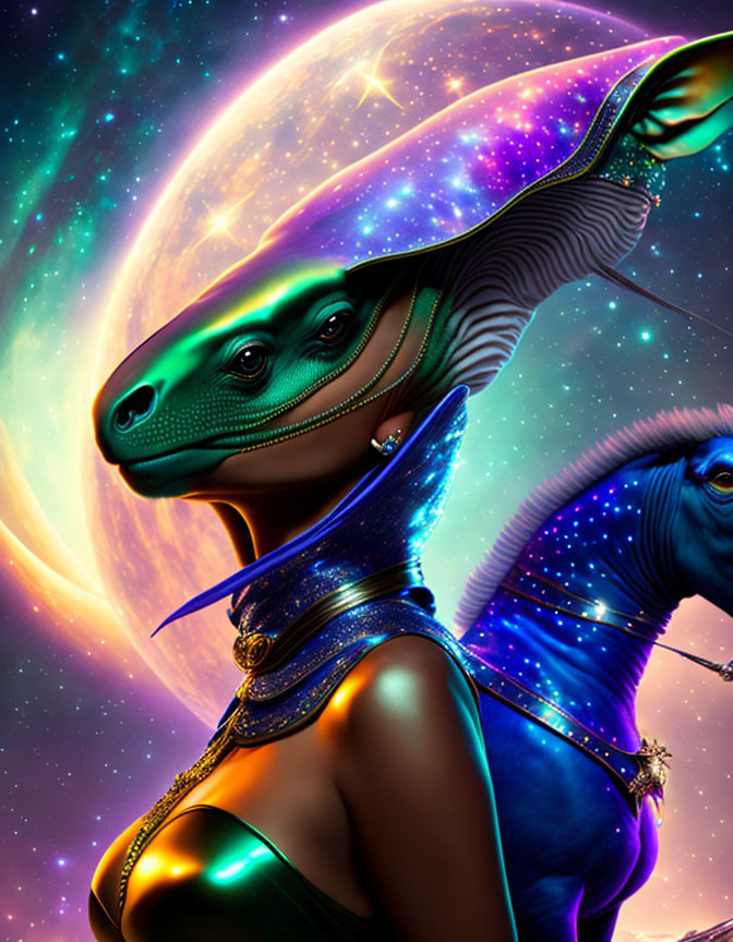 Vibrant humanoid dinosaur sci-fi art with celestial background