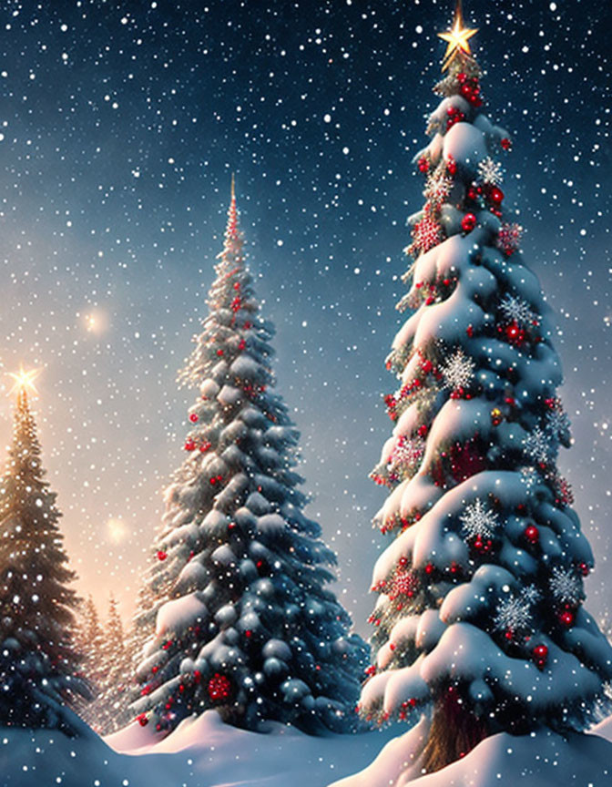 Festive Christmas trees with red ornaments under starry sky