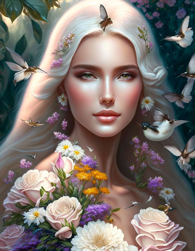 Digital Artwork: Woman with Pale Pink Hair, Flowers, and Hummingbirds