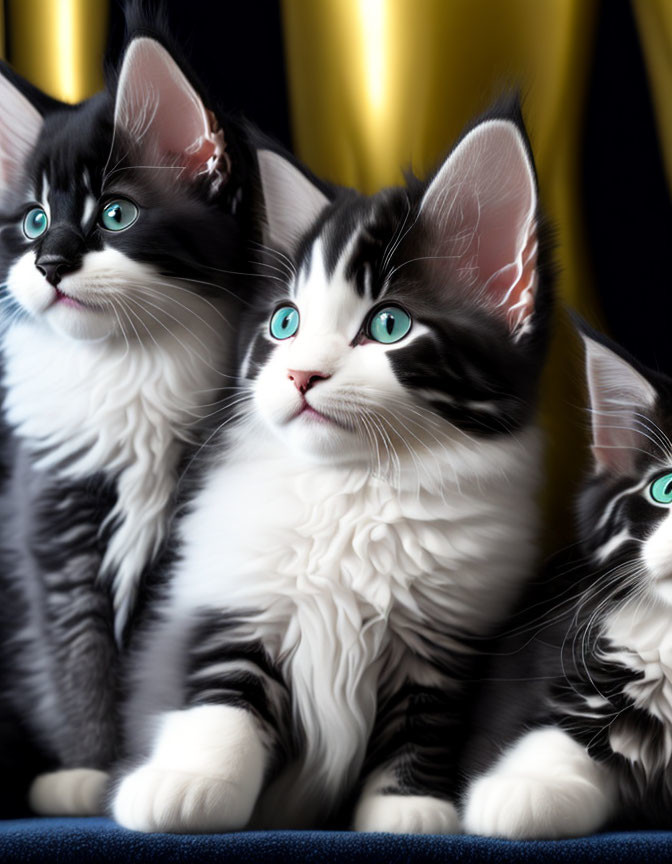 Three black and white kittens with green eyes on black and gold backdrop