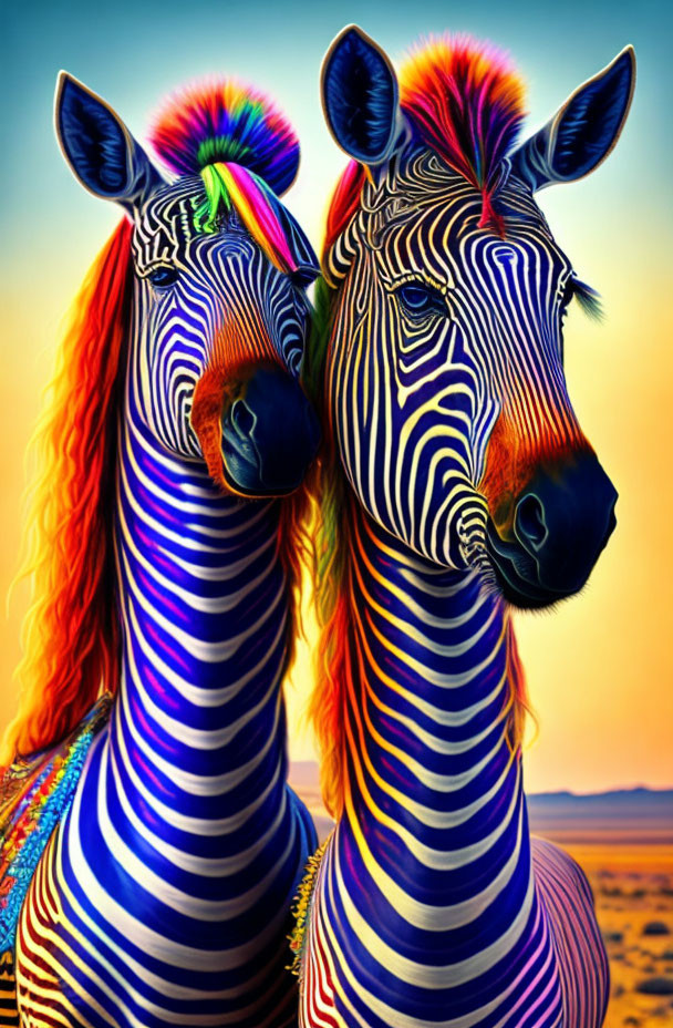 Vibrant rainbow manes on zebras against warm gradient sky