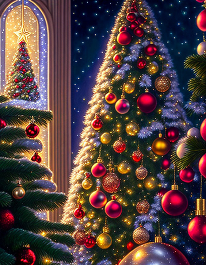 Decorated Christmas tree with golden and red baubles and twinkling lights by window overlooking starry