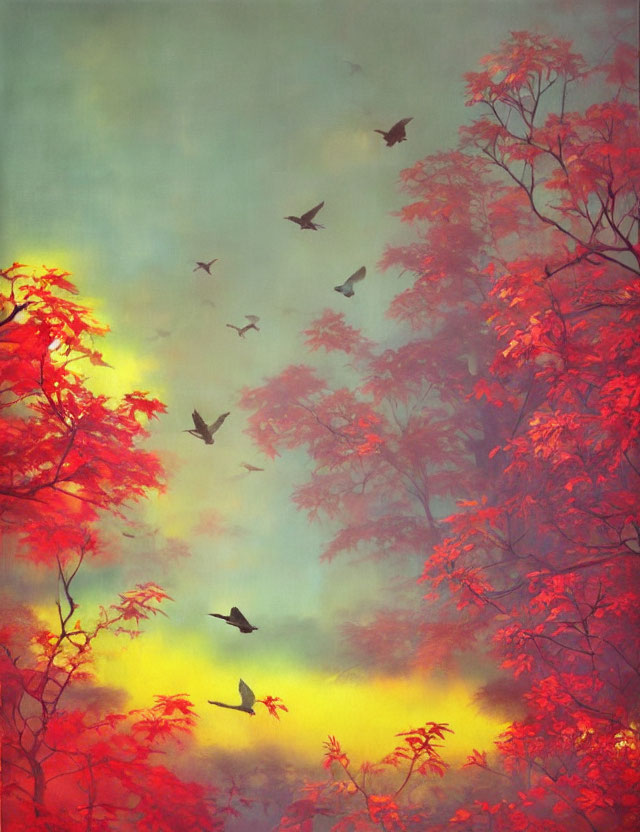 Birds Flying in Silhouette Against Vibrant Red-Orange Foliage