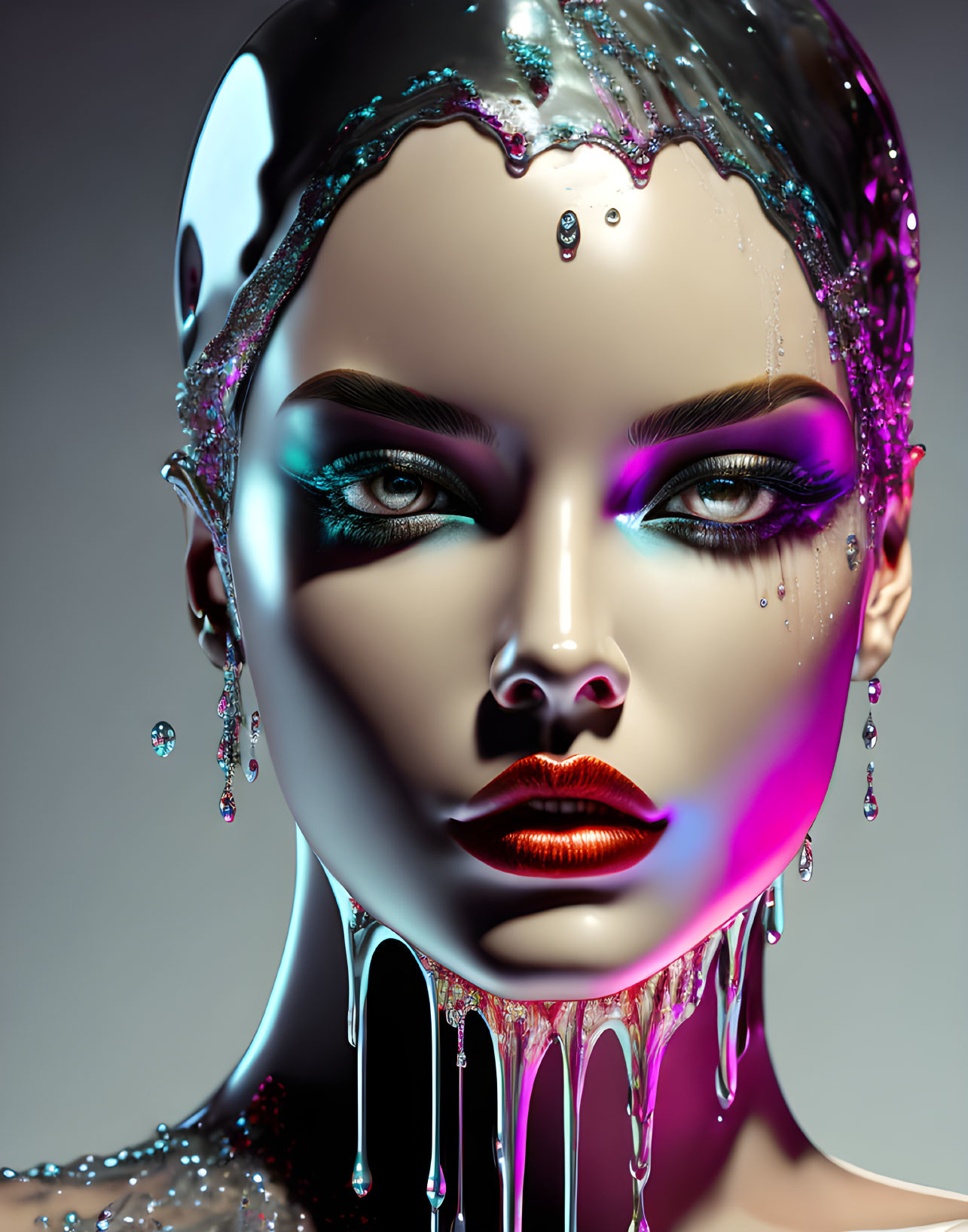 Digital artwork: Female figure with glossy, liquid skin texture and vibrant makeup.