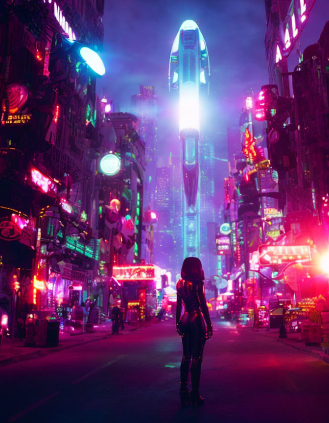 Futuristic attire figure in neon-lit cyberpunk cityscape at night