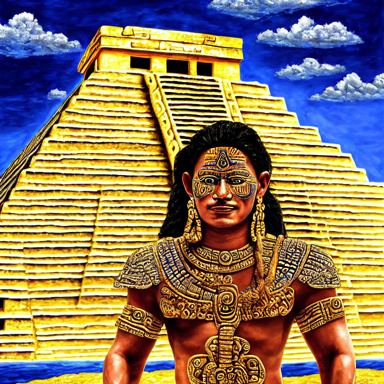 Traditional Mesoamerican attire in front of pyramid under blue sky