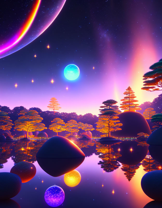 Fantasy landscape with glowing trees, floating spheres, colorful sky