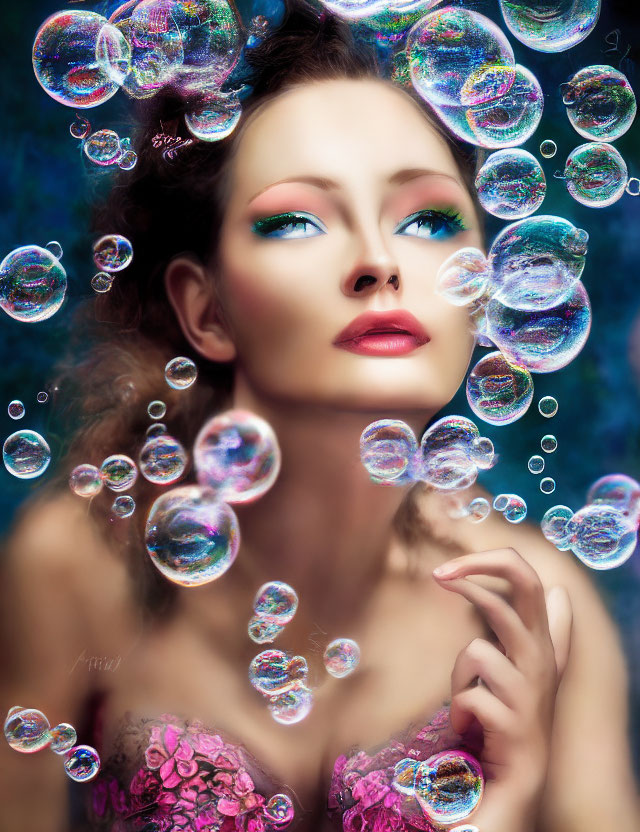 Vibrant makeup woman in pink top surrounded by soap bubbles on blue backdrop